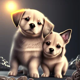 3d cute puppies, beautiful rich, detailed yin and yang symbol, shiny, intricate, gorgeous, ultrafine detail, hyperrealism, trending on artstation, sharp focus, intricate details, highly detailed, glowing, glitter, complementary colours