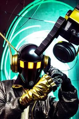 Metallic Cyber-punk style man with a web-camera-mask and old AKG-style headphones with golden rings. Large fencing mask covers man's cheeks. Man in good body shape. Reflective plastic. Body and head full of integrated old-fashioned cameras and an old telephone. Perfect body. Euclidean 3D-tiling, Escher tiling, background. Cables from spine. Daft Punk, Matrix movie black leather jacket with a Hood. Yellow latex areas in black leather surfaces body. 1990's