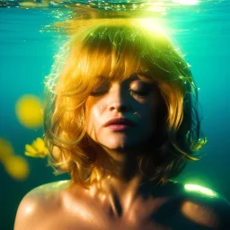 Goldie Hawn underwater with yellow flowers for hair, closed eyes, rtx, reflection, 8k, glow, winning photography, caustics