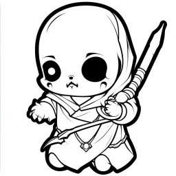 create a 2d black outline, "cute kawaii baby death with a scythe coloring book for kids", coloring page, low details design, black contour, coloring page design, simple background, colorful , card style, coloring page for kids, white background, sketch style,