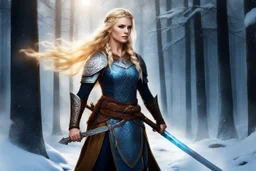 she is a blonde viking with a braid: she rises her magic Valtamar sword over her head; she is the wearer of the sword of the First Kings! The sword pulses with energy in response to her proclamation, the runes along its length glowing faintly as they respond to her possession. A presence fills her—a silent yet powerful consciousness that acknowledges your claim. The sword does not speak in words, but in images and feelings: of battles won and lives taken, of a shared purpose to defend those who
