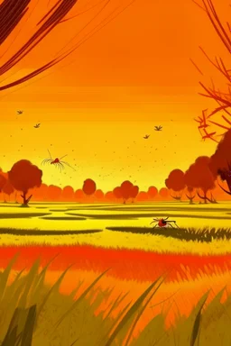 Rice field，Trees，Warm color palette，Animation，Fried grasshopper，A lovely grasshopper