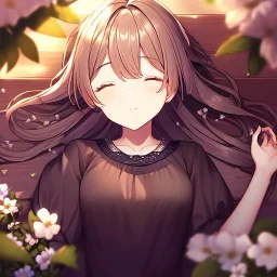 looking at an anime girl in the distance sleeping in a far away distance. field of flowers. trees are in the distance. girl is sleeping underneath a willow tree in the distance, picture is not upclose, looking at the girl who is far away in the distance