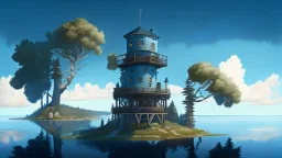 two-story tower with an observation room at the top, with a one-story room on one side, on a large island, in a large lake, surrounded by trees, with a blue sky