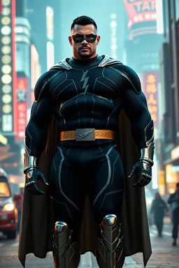 A giant, muscular man with extra-short, crew cut, black hair, blue eyes, short, trimmed goatee, standing stoically on the street in the neon lit, futuristic City of Xanadu prime, wearing a long-sleeved, highly textured, black body suit with gray piping that forms to his muscular frame, he has a silver lightning belt, silver wrist gauntlets, silver, knee-high boots, gray cape, he has the symbol of Xanadu Prime on his chest, and a thin black leather bandit eye mask