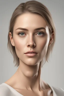 realistic, (29yr old female)without makeup, Caucasian beautiful face, angled head position, dark hair, studio lighting, cinematic light, beautiful woman, milk beige middle hair, perfect anatomy, on white background, 8k Resolution, highly detailed, non-symmetrical body a, detailed hairstyles and skin texture