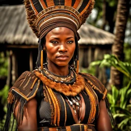 Behold the powerful alluring and pretty zulu woman, her body adorned with the traditional zulu costumes, HDR, beautifully shot, hyperrealistic, sharp focus, 64 megapixels, perfect composition, high contrast, cinematic, atmospheric, moody