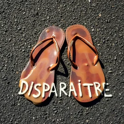 paire de tongs qui a fondu au soleil, ils dégoulinent sur le bitume, vintage, avec le mot français "DISPARAÎTRE" sur le bitume