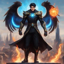 A 25 years boy persian in matte black robes with flaming eyes with grin with flaming light blue pupils stands atop a squire Two infinity gauntlets contain six infinity stones, one of which is made with nano In the hands of a powerful man walking While standing on a majestic height from afar With two big wings