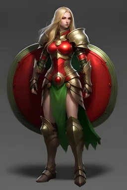female with long blonde hair and green eyes, wearing red heavy armor, holding shield whole body
