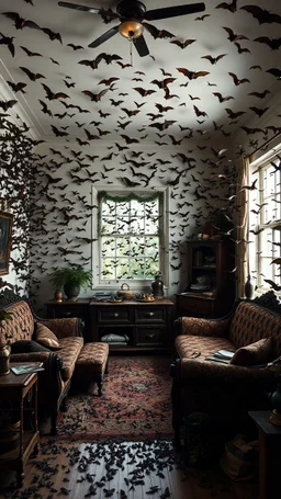 A room with furniture full of thousands of bats everywhere few on a the walls , ceiling, on the furniture coming all from an open window