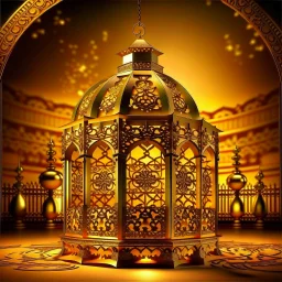 A large golden Ramadan lantern in a place like paradise. From the lantern emerges golden, juicy, amazing, fantastical dates