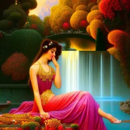 Hyperdetailed oil on canvas, young annie henley at a temple fountain, beautiful, detailed face, long dark hair, surrounded by luminous colorful sparkles, airbrush, depth of field, raspberries, blackberries, octane render, by gaspar camps, maxfield parrish, alphonse mucha, cyril rolando, volumetric lighting, dusk, 16k