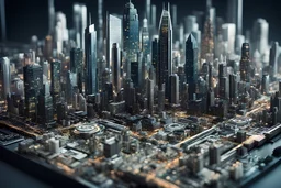 A futuristic metropolis seamlessly integrated into the intricate patterns of a desktop motherboard, emphasizing the convergence of technology and urban life, a photo-realistic depiction with vivid details of skyscrapers merging with circuitry, Photography, high-resolution DSLR with a 50mm lens, capturing the cityscape's reflective surfaces