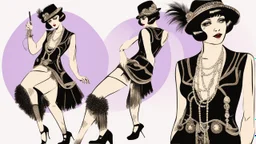 Full Body, burlesque Woman With A Bob With A Fringe Hairstyle, 1920s flapper style Clothing, Steampunk, Black Background