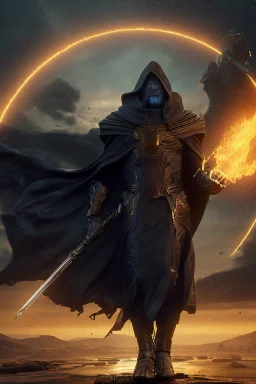 Thanos is the god of power and evil The commander wears a black cloak and a long coat with long combat boots and a long spear with a hat under his cloak with blue flame eyes, a sword like a spear The sun in the palm of a brave man in the middle of the desert