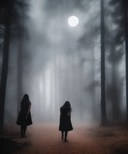 photographic quality, night, mystical, moon light, 5 beautiful young witches, pagan, goth, monolith, fires, woods, dark, misty, moody, dancing, ultra detail,