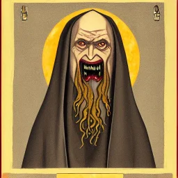 Nosferatu with yellow eyes with fleshy tentacle hair beard grey skin and red fangs as a Russian Orthodox