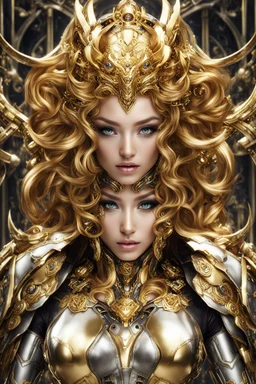 Facing front Gorgeous Photography Beautiful Medusa Queen Cyborg Mecha Robo Golden and jewelry Background