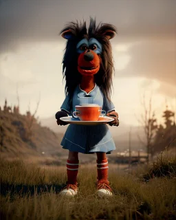 Realistic portrait, hybrid character, waitress British woman with monster muppet mask that covers her entire head, Sesame Street style, retro style, pub, short shirt, tray, beer, old school tattoo, hot, smooth, unreal engine 5, god lights, ray tracing, RTX, lumen lighting, ultra detail, volumetric lighting, 3d.