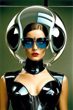 female humanoid robot, beautiful like a supermodel from the sixties, beautiful eyes, sexy, helmut newton, glass bubble