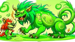 fantasy cartoon style illustration: fierce green beast is chasing a small brown monkey