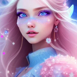  beautiful, soft, whide smile face,whole head, long blonde straight hair, blue eyes, fairy wings on the back, transparent crystal blue and pink clothes, background blue and pink, big definition, 8K