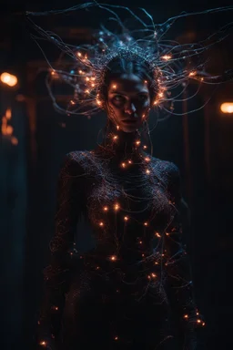 Demon girl, fullbody, creepy, horrifying, sinister, many wires connected to the head lumen lighting, led lights, sparks around her, sparks cybernetic,high lighting, intricate, 8k, macro photography,