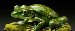 A green grassy elemental frog designed in Ica stones painted by Leonardo da Vinci