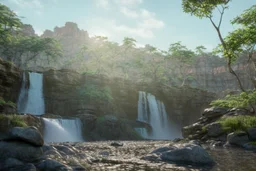 Sunny day, Epic waterfall landscape, rocks foreground