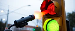 bazooka shooting a hot dog into a traffic light