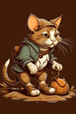 el gato con botas con un saco y una espada comiéndose un ratón