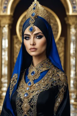 Gorgeous photography half body excellent pose Beautiful super model Iranian islamic hijab dressing Luxury colors black and gold crystal diamonds sapphire,colorful art conceptual, amazing artwork,close-up portrait,luxury Royal Palace background