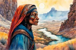 create an ink wash and watercolor portrait of a nomadic tribal shepherdess with highly detailed, delicate feminine facial features, inhabiting an ethereal tropical canyon land in the comic book style of Jean Giraud Moebius, David Hoskins, and Enki Bilal, precisely drawn, boldly inked, with vibrant colors