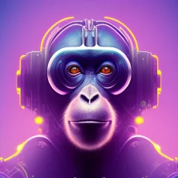 A beautiful portrait of a cyborg monkey purple neon color scheme, high key lighting, volumetric light high details psychedelic background