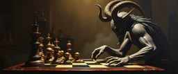 pin hole cam, master oil painting by Rembrandt, realistic rendering chess demon a sense of depth