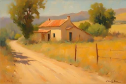 sunny day, mountains, trees, dirt road, countryside, nostalgy influence, adobe house, wilfrid de glehn and rodolphe wytsman impressionism paintings