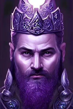 highly detailed portrait of an elegant viking king with a beard, ornate crown, beautiful symmetrical face, purple tones, purple background, glowing skin, digital painting, artstation, concept art, smooth, clear focus, illustration, greg rutkowski, artgerm, global lighting, detailed and fantasy