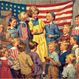 Nostalgic images with Norman Rockwell illustration style. Depicting of American kids mingling with Swedish kids. I love their funny expression.