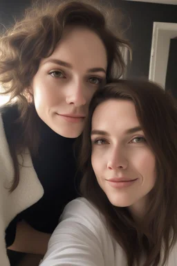 A selfie of a brunette woman, middle short hair, showing a 27-year-old European woman. She has white skin, tousled brown hair, face without makeup, big round dark brown eyes, cute profiled nose, detailed full lips, skin texture. show on the side same face but 10 years older