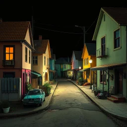 Fotografia di strada random assurda e falsa orripilante weirdcore dai colori vivaci. Non luogo falso, inusuale. Max Ernst. Le case sono false e dipinte di chiaro con cose stilizzate e dettagli. Ci sono strane. , che danno un senso distopico e molto surreale, disposte in modo casuale. L'atmosfera generale sembra noiosa e onirica, con un contrasto tra elementi reali ed elementi dipinti falsi, René Magritte