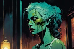 create a hardened, undead girl, finely defined but decayed facial features, tending bar in a seedy Soho jazz club, in the comic book art style of Mike Mignola, Bill Sienkiewicz and Jean Giraud Moebius, , highly detailed, grainy, gritty textures, , dramatic natural lighting