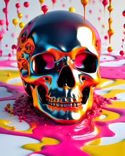 ((melting black skull)) dripping pink and yellow acrylic paint, fluid form, gooey, 3D animation style, rainbow coloured sprinkles, 3D expressive CGI, animated photorealism, liquid pop surrealism, ((Art Baltazar, Salvador Dali and Francis Bacon)), HDRI, hyper detailed, stylised, creative cinematic, lighting, depth of field, smooth surface, vibrant, surreal art, ray tracing, rim lighting, ground reflections, cgsociety, Maya, Arnold Render, Houdini FX