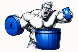 a very swedish strongman, big muscles and short light hair, pait of glasses, holding a big blue barrel above his head, screaming in agony, a drawing with sketch lead pencil, The word BAXER floating