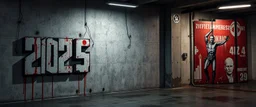 background of firing squad execution wall(wet textured concrete, gray, old, cracked, billet holes, blood stained, 1 wall light) from underground parking, german style, a large blocky upside down "2025" painted on left(old faded paint, red stains running down and past), cyberpunk, to the right a larger mural of a hanged man