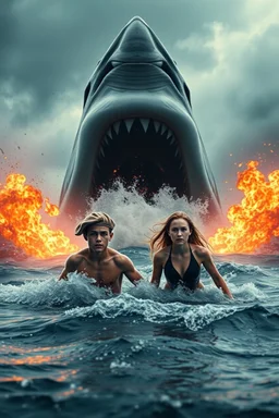 18-year-old Scott Kendall and 15-year-old Judi Ott emerging from a tumultuous sea amidst a stormy backdrop, with a great white shark looming about to attack, a conflagration of fire and explosive effects, ambient lighting, professional composition, infused with a mix of elegance and futuristic aesthetics, ultra-realistic, mystical undertones, sharp focus capturing every water droplet and flame, rational placement of subjects within a cinematic frame, epic atmosphere,