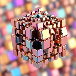 a mandelbox 3d fractal made of small metallic random color cubes