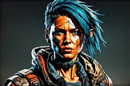 create a full body hyper realistic 3d, 8k portrait sketch of a raggedly dressed, post apocalyptic, female biopunk scavenger , with highly detailed and deeply cut facial features, searing lines and forceful strokes, precisely drawn, boldly inked, with gritty textures, vibrant colors, dramatic otherworldly lighting