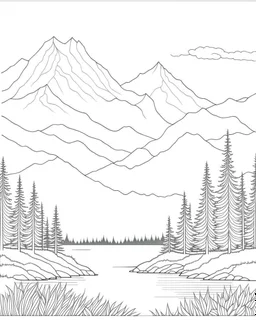 Coloring pages: A peaceful mountain landscape with towering peaks covered in lush green forests. The image should showcase a clear mountain lake reflecting the majestic scenery, with a backdrop of clear blue skies and fluffy white clouds. This image will inspire a sense of tranquility and encourage readers to envision themselves immersing in the serene surroundings.