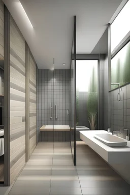 luxus bathroom without bathtub, add a shower, remove the tub, add a shower wall to back wall, add a person to wash with a water shower every shower comes from the ceiling
